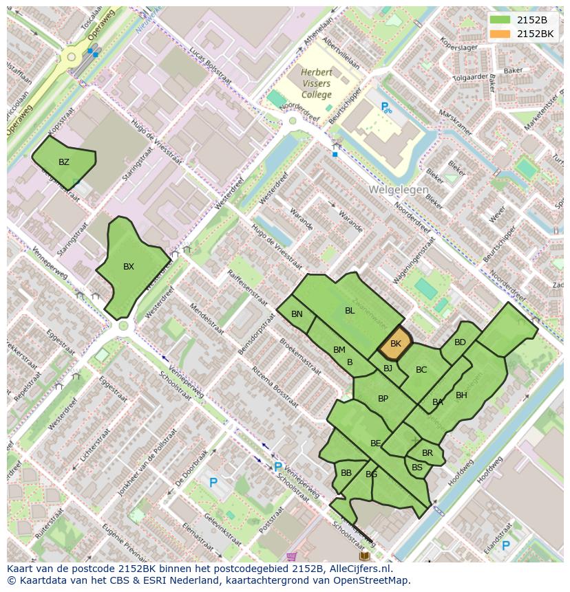 Afbeelding van het postcodegebied 2152 BK op de kaart.