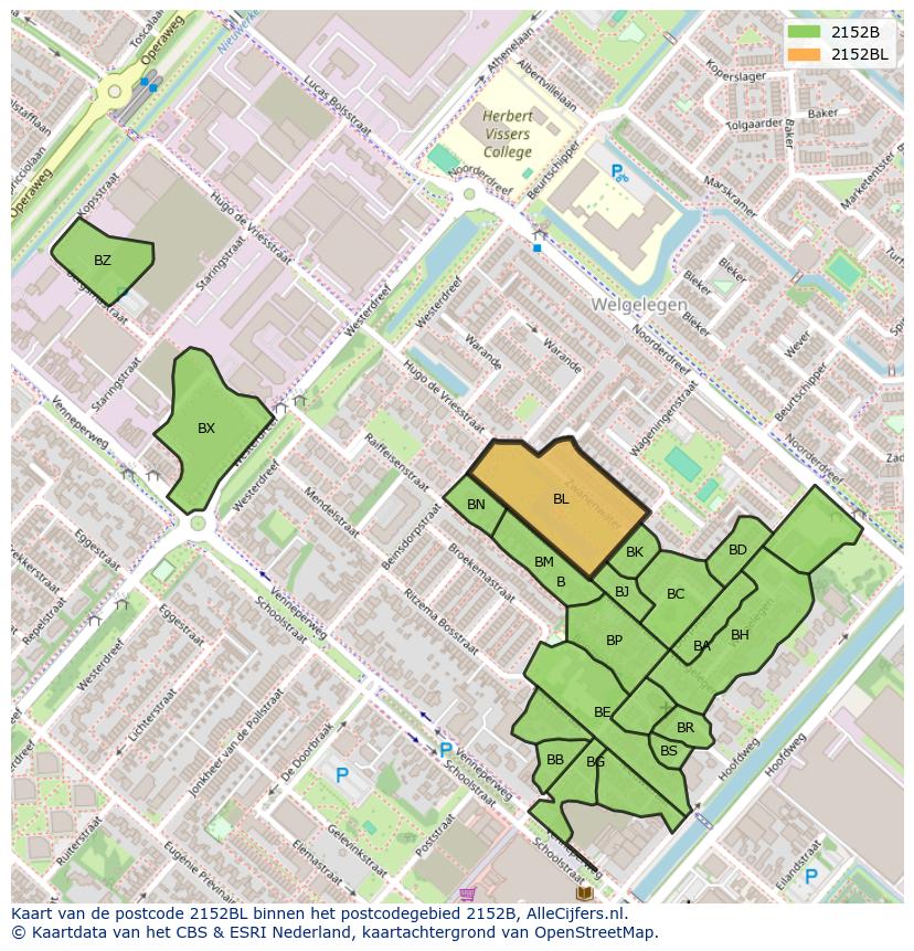 Afbeelding van het postcodegebied 2152 BL op de kaart.
