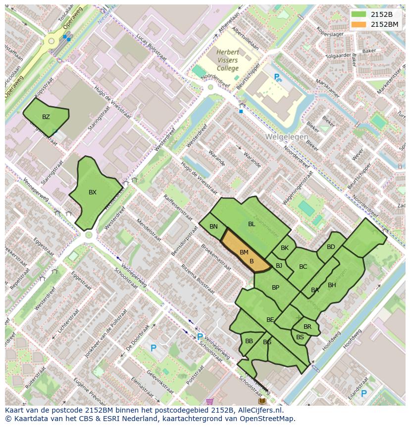 Afbeelding van het postcodegebied 2152 BM op de kaart.