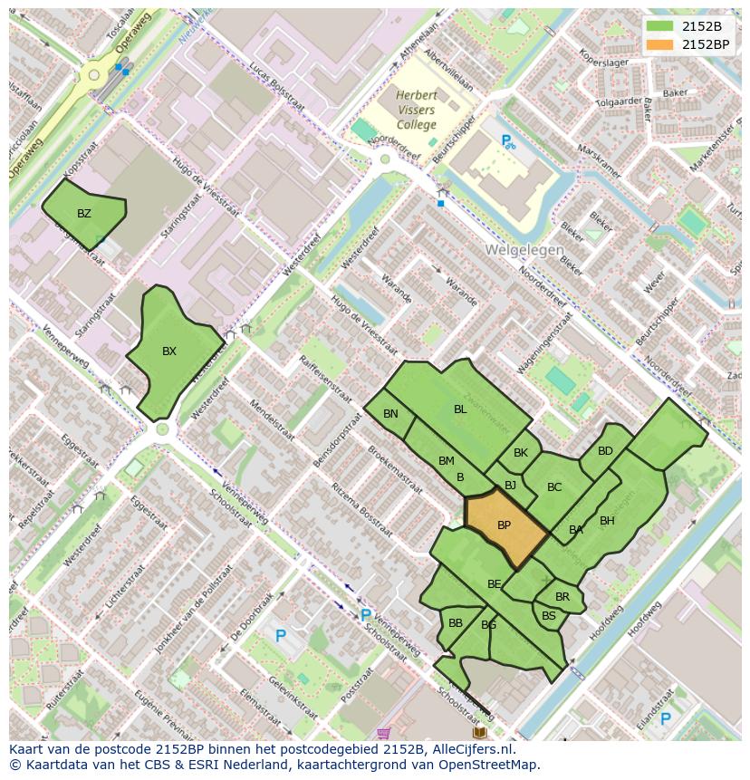 Afbeelding van het postcodegebied 2152 BP op de kaart.