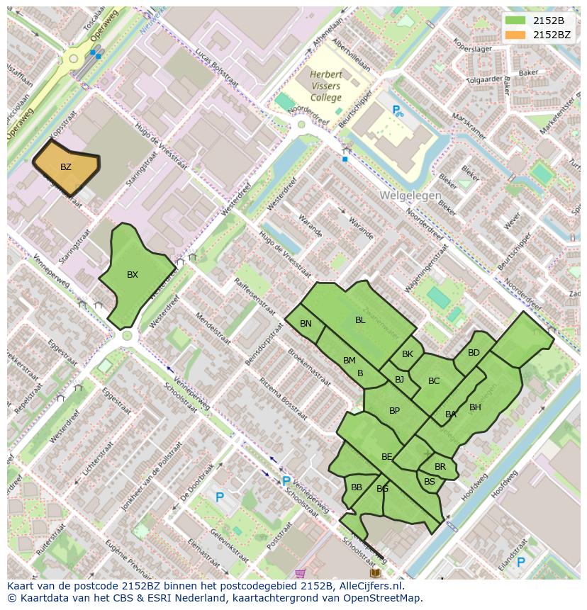 Afbeelding van het postcodegebied 2152 BZ op de kaart.