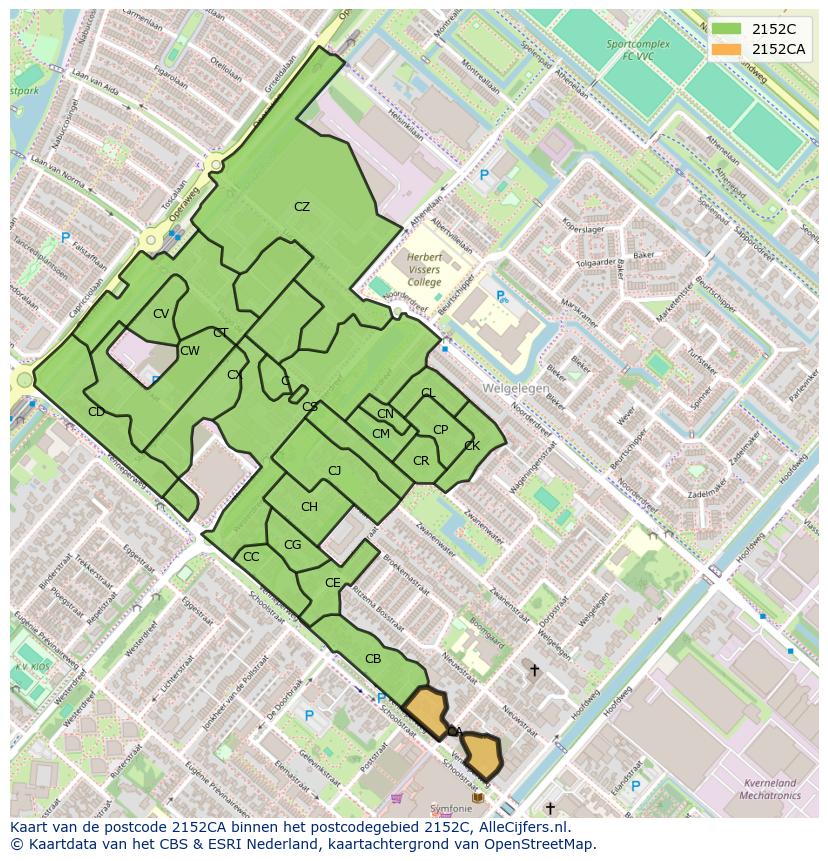 Afbeelding van het postcodegebied 2152 CA op de kaart.