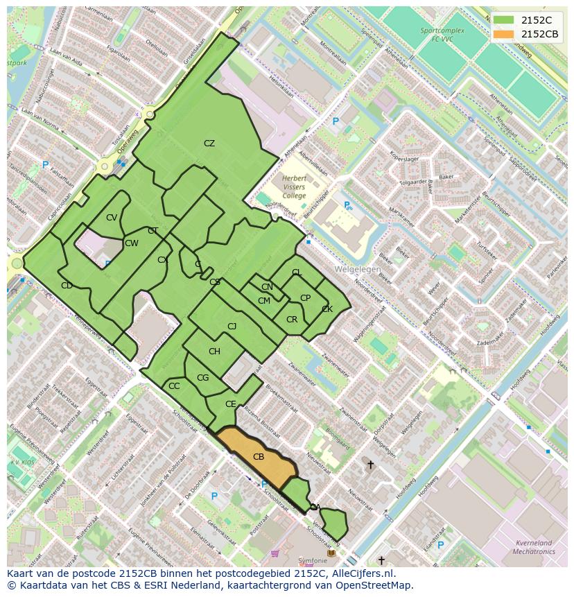 Afbeelding van het postcodegebied 2152 CB op de kaart.