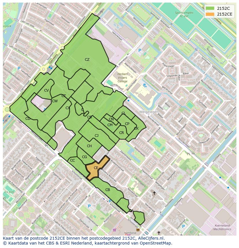 Afbeelding van het postcodegebied 2152 CE op de kaart.
