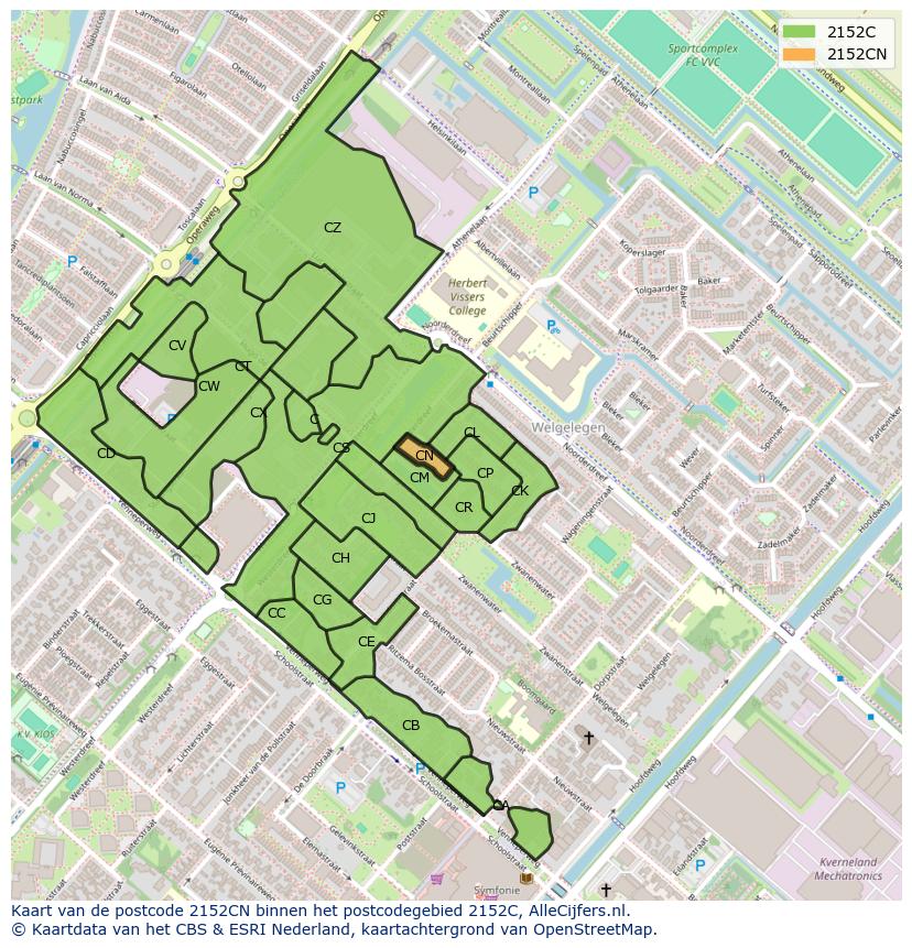 Afbeelding van het postcodegebied 2152 CN op de kaart.