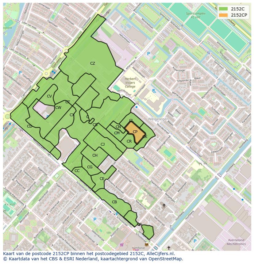 Afbeelding van het postcodegebied 2152 CP op de kaart.