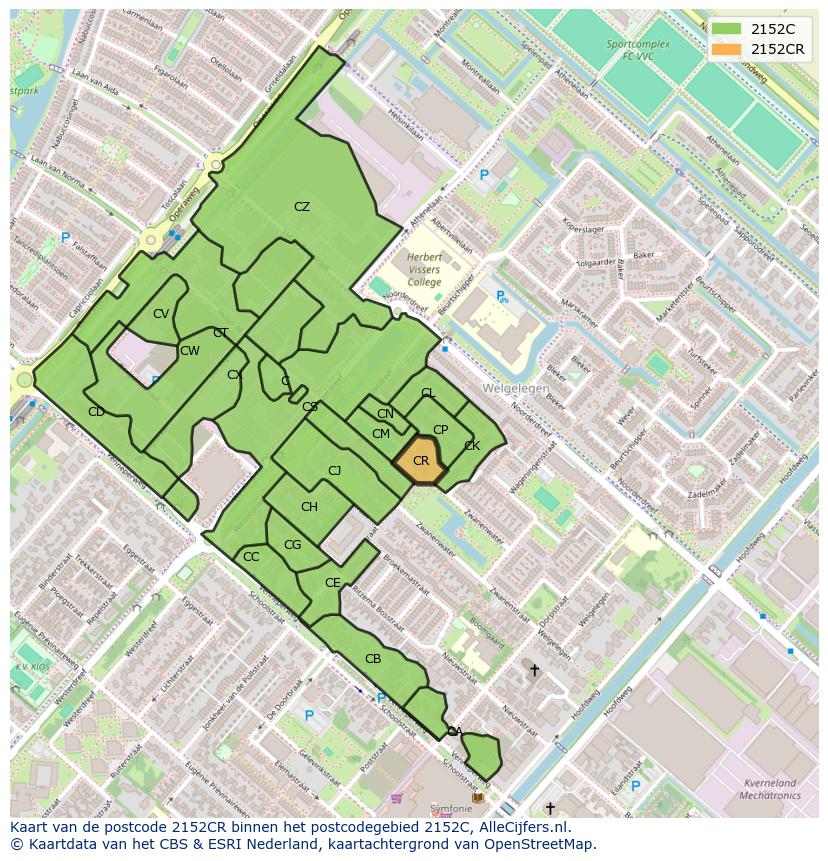 Afbeelding van het postcodegebied 2152 CR op de kaart.