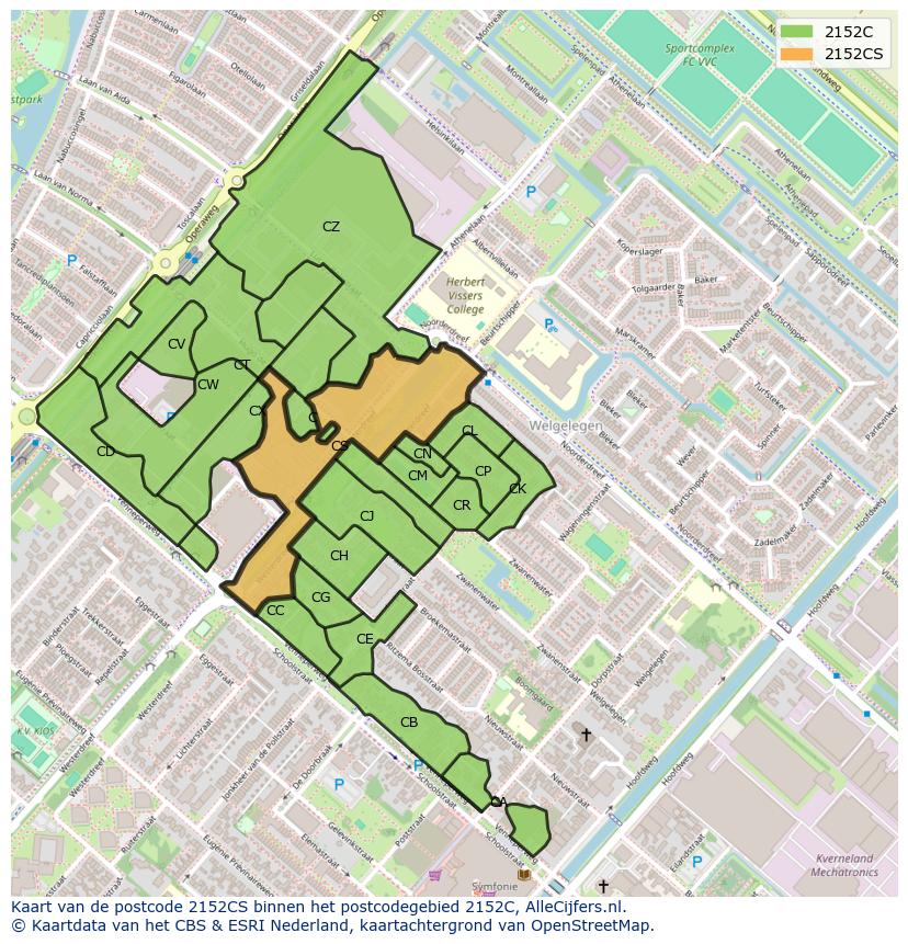 Afbeelding van het postcodegebied 2152 CS op de kaart.