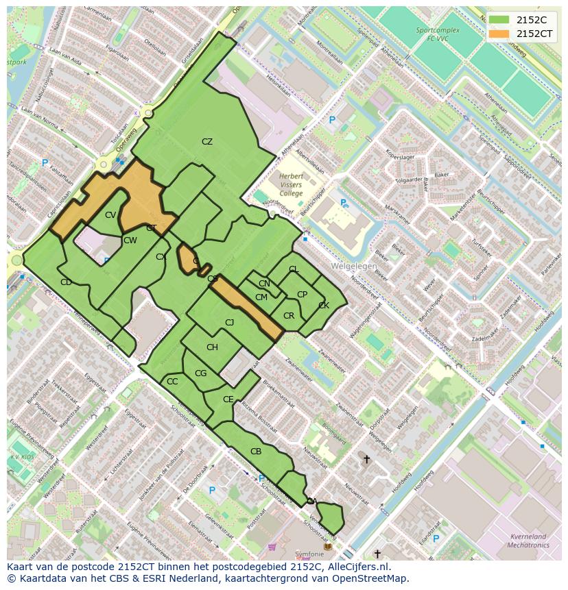 Afbeelding van het postcodegebied 2152 CT op de kaart.