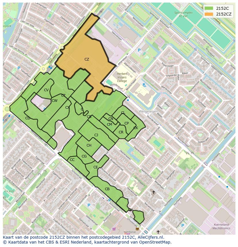 Afbeelding van het postcodegebied 2152 CZ op de kaart.