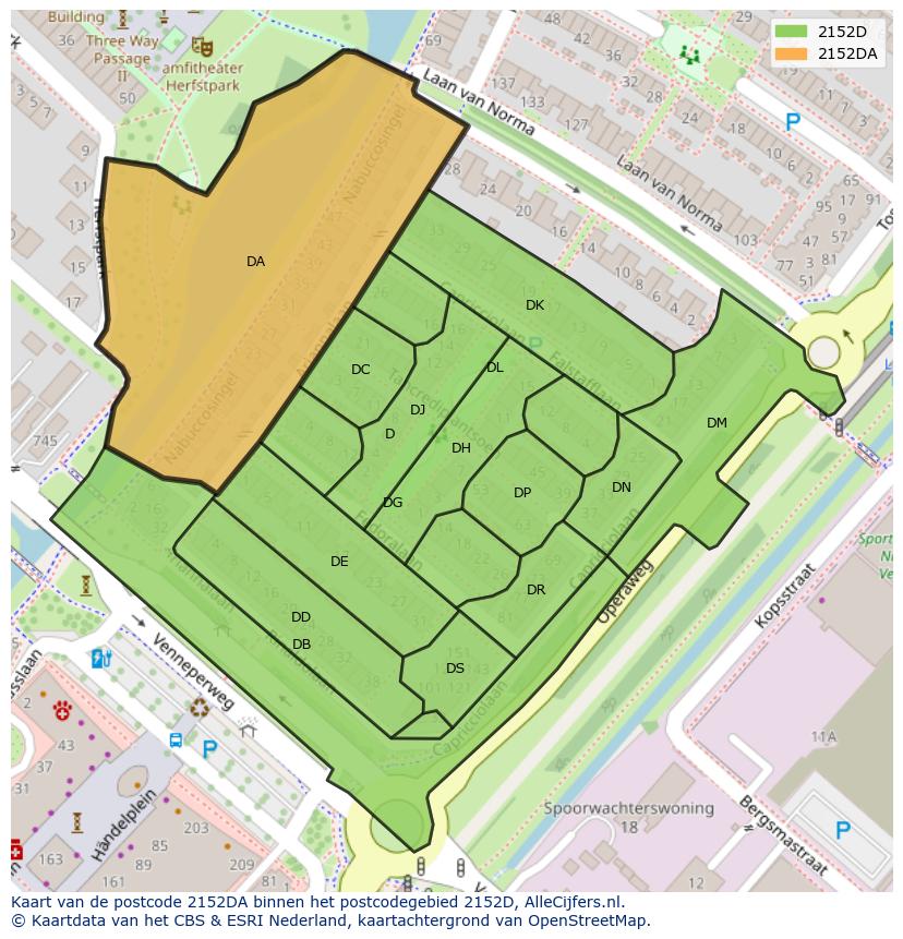Afbeelding van het postcodegebied 2152 DA op de kaart.
