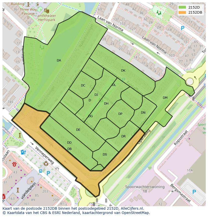 Afbeelding van het postcodegebied 2152 DB op de kaart.