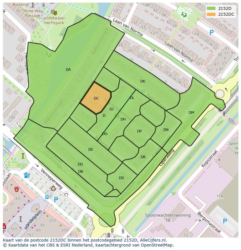 Afbeelding van het postcodegebied 2152 DC op de kaart.