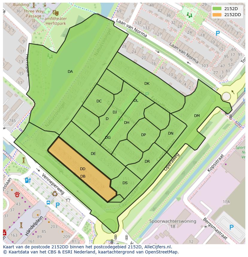 Afbeelding van het postcodegebied 2152 DD op de kaart.