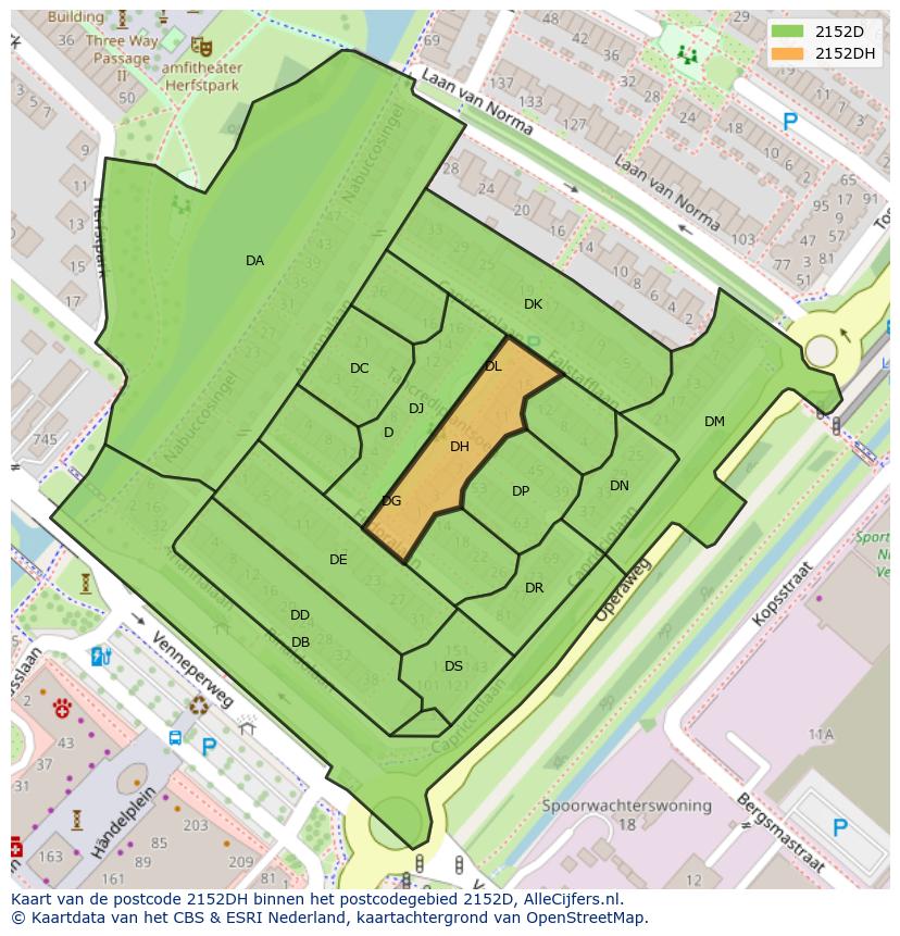 Afbeelding van het postcodegebied 2152 DH op de kaart.