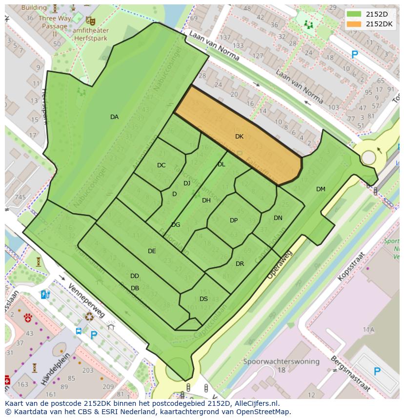 Afbeelding van het postcodegebied 2152 DK op de kaart.