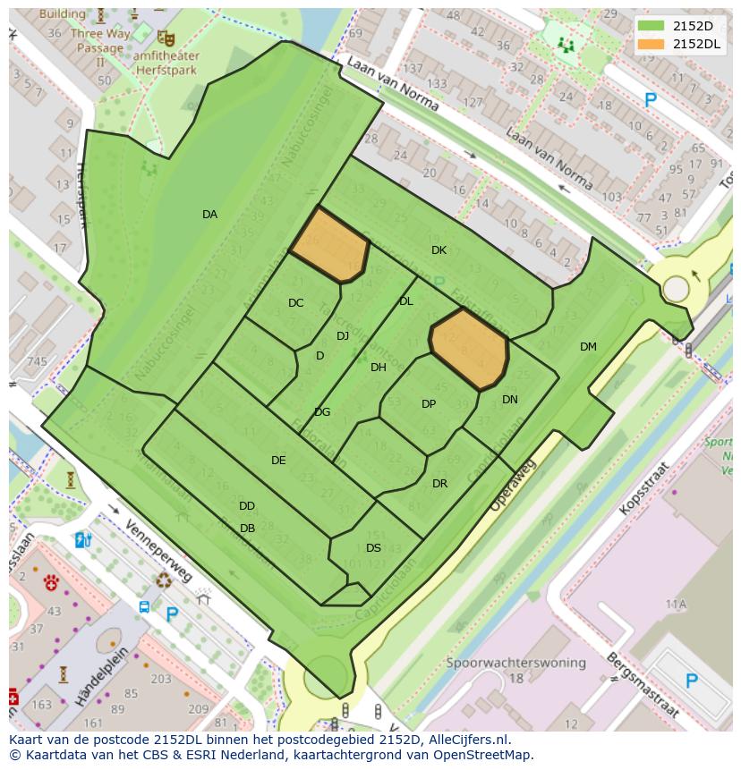 Afbeelding van het postcodegebied 2152 DL op de kaart.