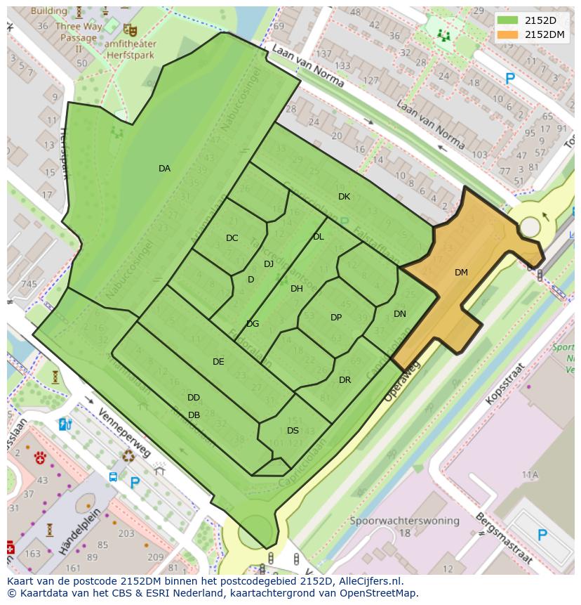 Afbeelding van het postcodegebied 2152 DM op de kaart.