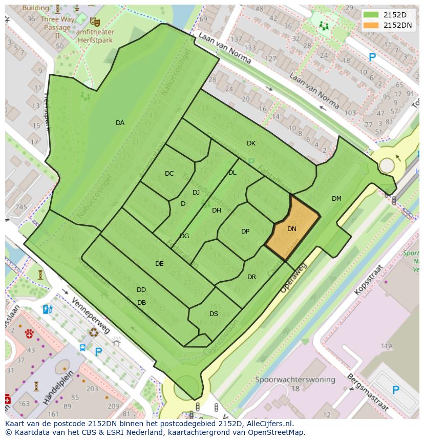 Afbeelding van het postcodegebied 2152 DN op de kaart.