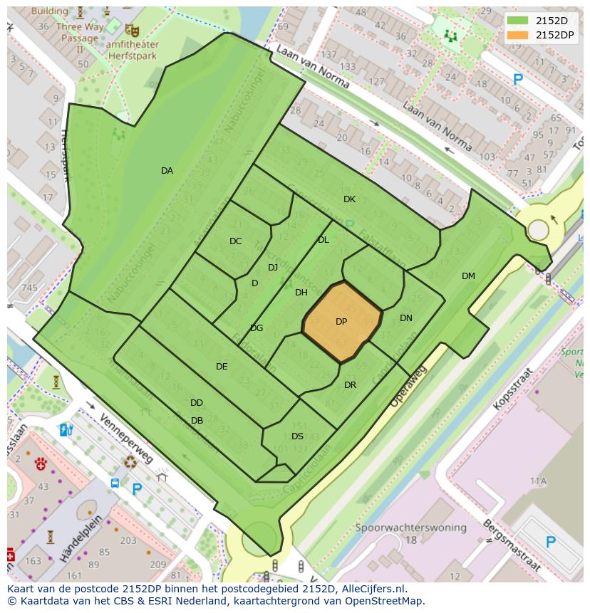 Afbeelding van het postcodegebied 2152 DP op de kaart.