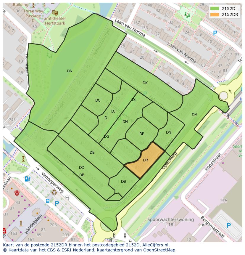 Afbeelding van het postcodegebied 2152 DR op de kaart.
