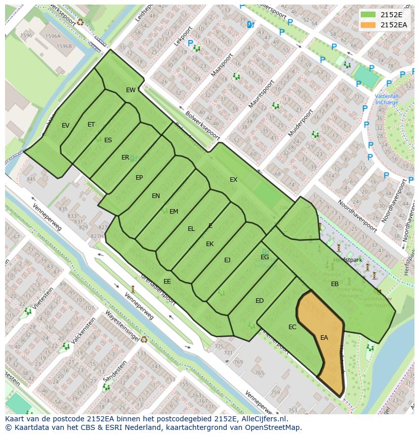 Afbeelding van het postcodegebied 2152 EA op de kaart.