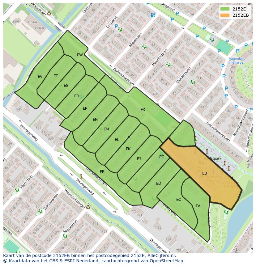 Afbeelding van het postcodegebied 2152 EB op de kaart.