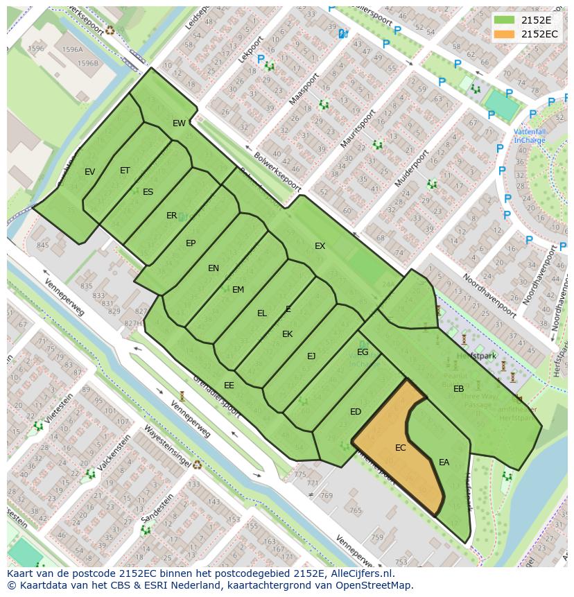 Afbeelding van het postcodegebied 2152 EC op de kaart.