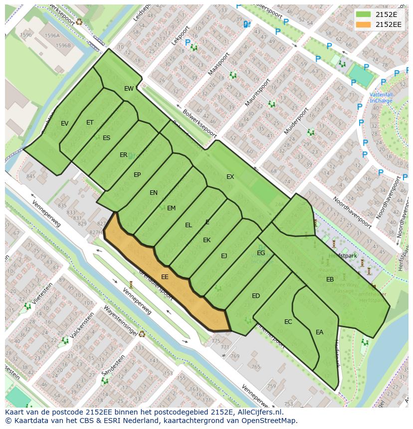 Afbeelding van het postcodegebied 2152 EE op de kaart.
