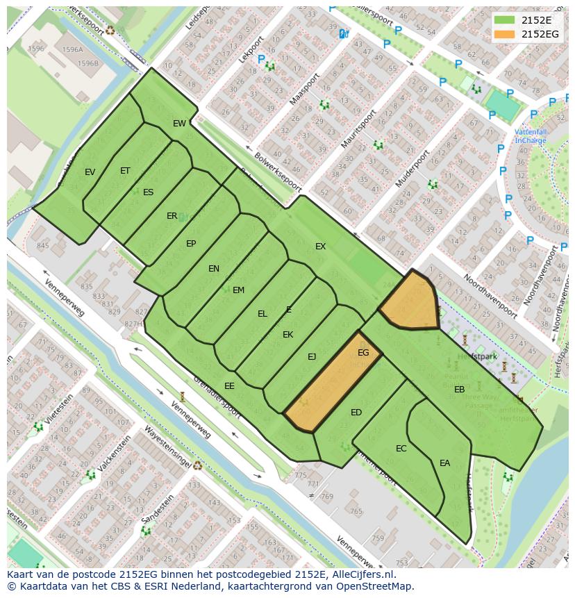 Afbeelding van het postcodegebied 2152 EG op de kaart.