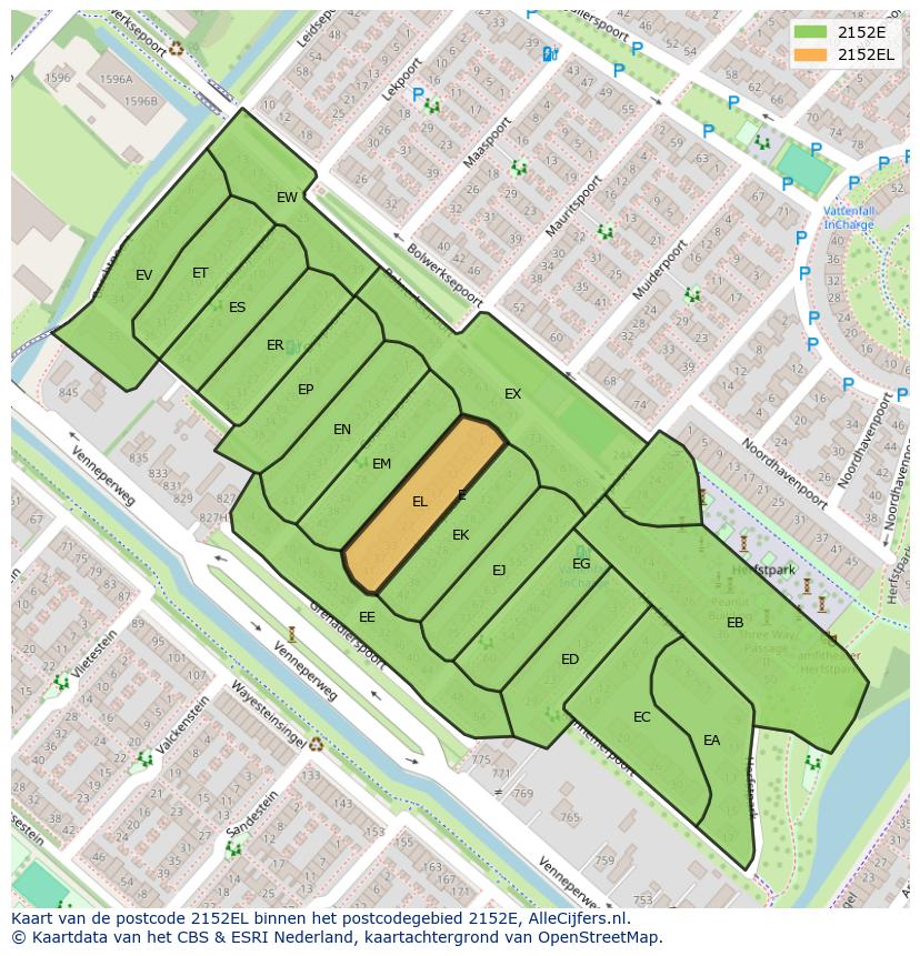 Afbeelding van het postcodegebied 2152 EL op de kaart.