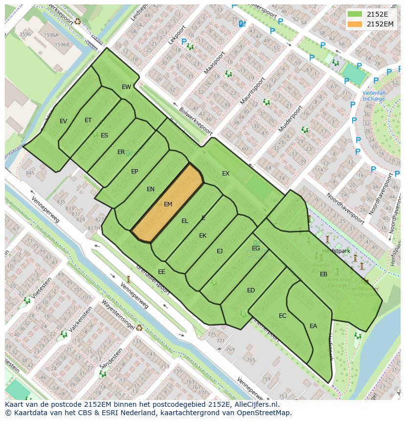 Afbeelding van het postcodegebied 2152 EM op de kaart.