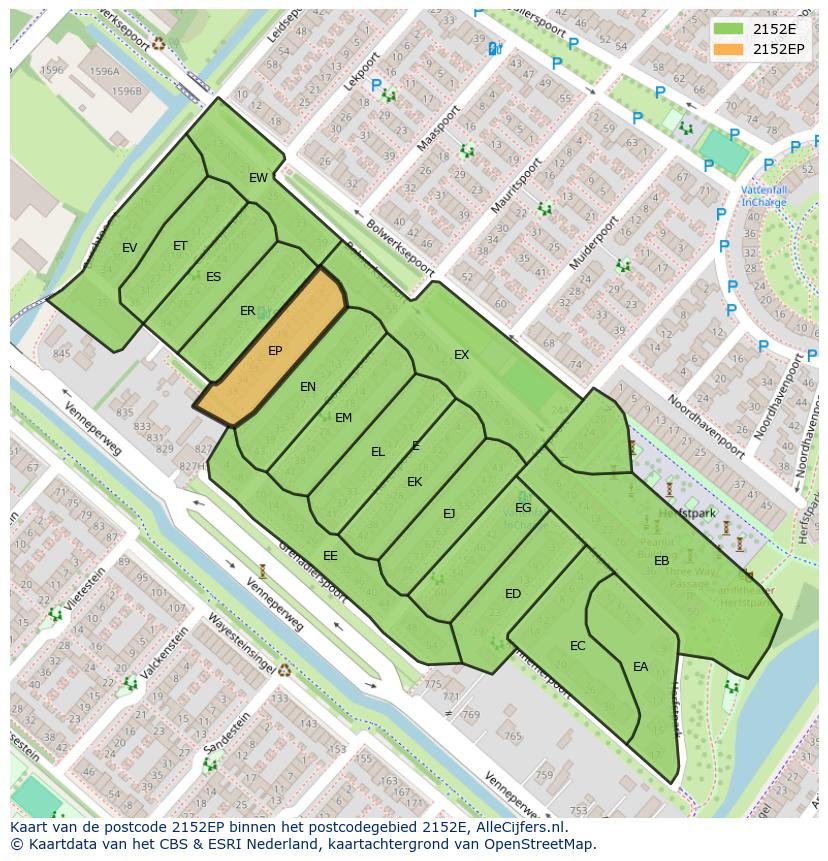 Afbeelding van het postcodegebied 2152 EP op de kaart.