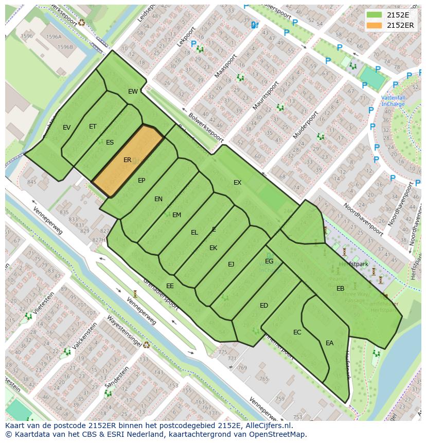 Afbeelding van het postcodegebied 2152 ER op de kaart.