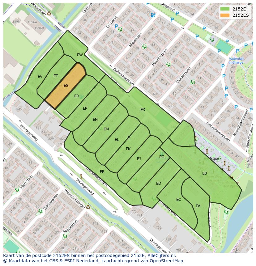 Afbeelding van het postcodegebied 2152 ES op de kaart.