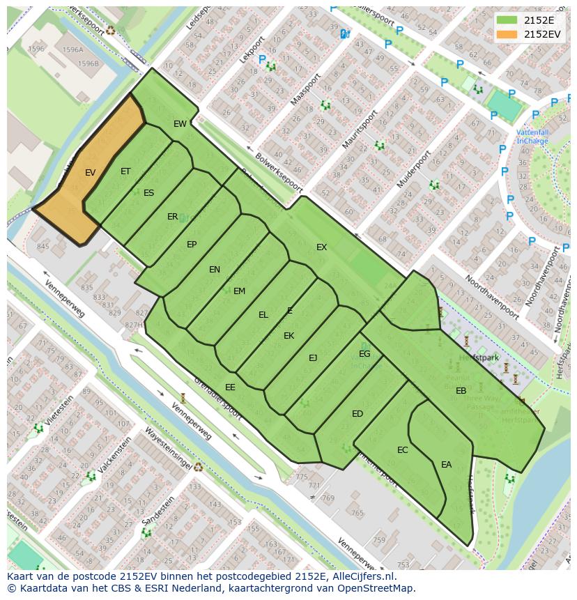 Afbeelding van het postcodegebied 2152 EV op de kaart.