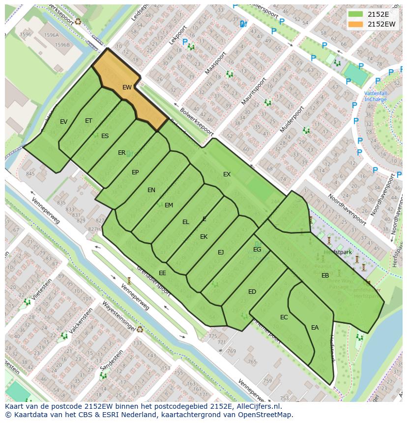 Afbeelding van het postcodegebied 2152 EW op de kaart.