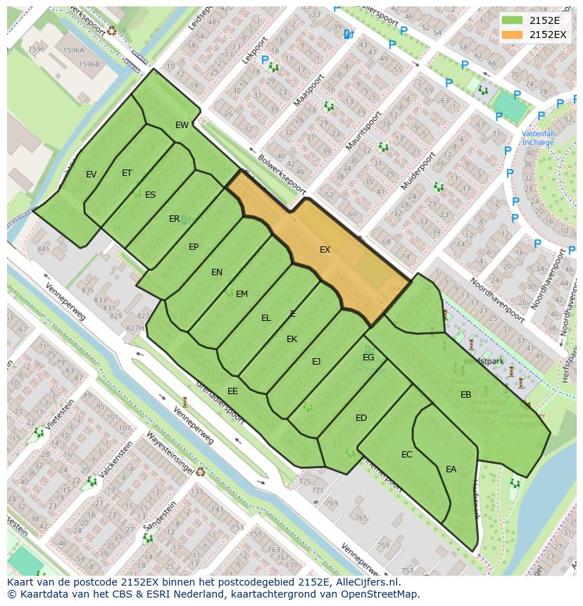 Afbeelding van het postcodegebied 2152 EX op de kaart.