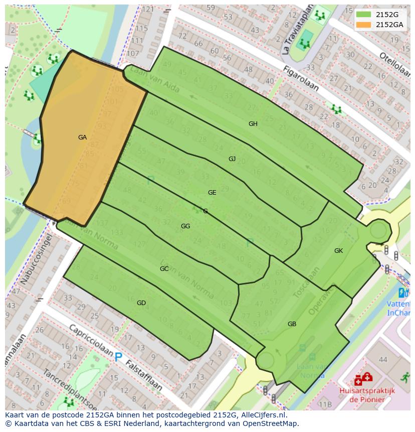 Afbeelding van het postcodegebied 2152 GA op de kaart.