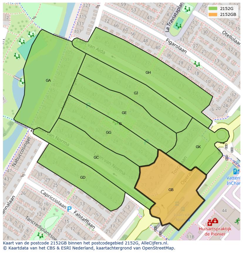 Afbeelding van het postcodegebied 2152 GB op de kaart.