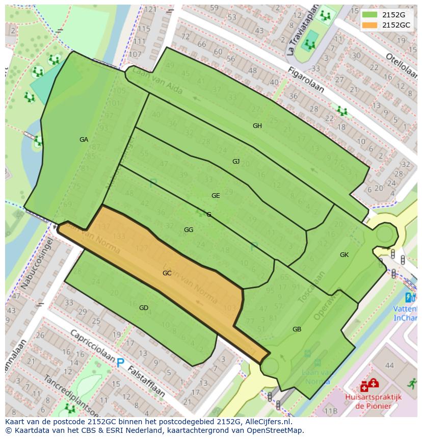Afbeelding van het postcodegebied 2152 GC op de kaart.
