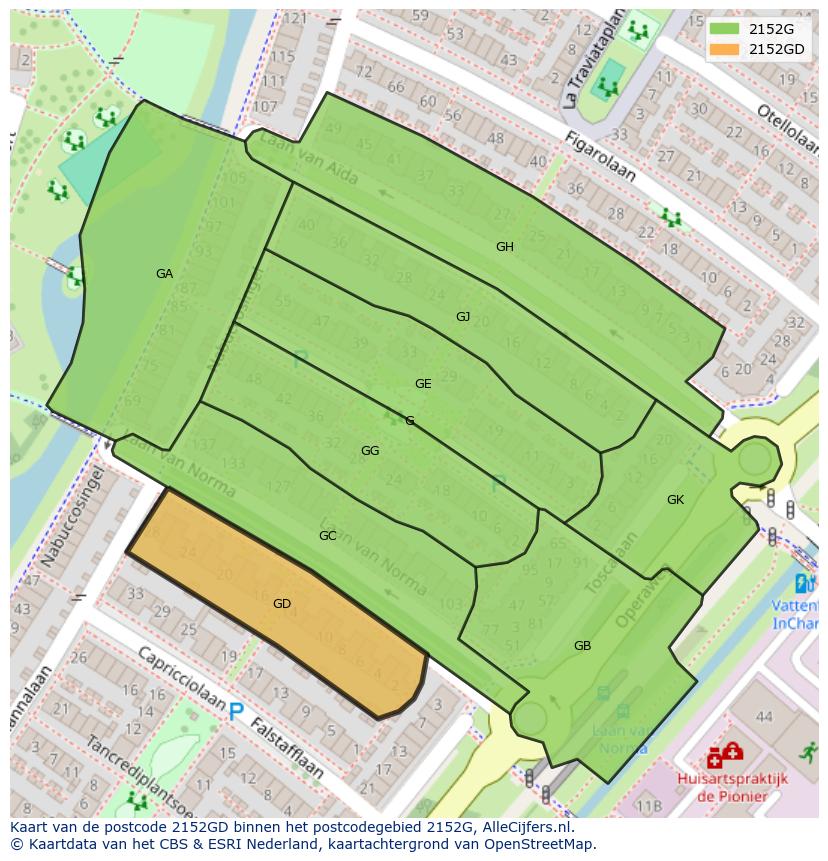 Afbeelding van het postcodegebied 2152 GD op de kaart.