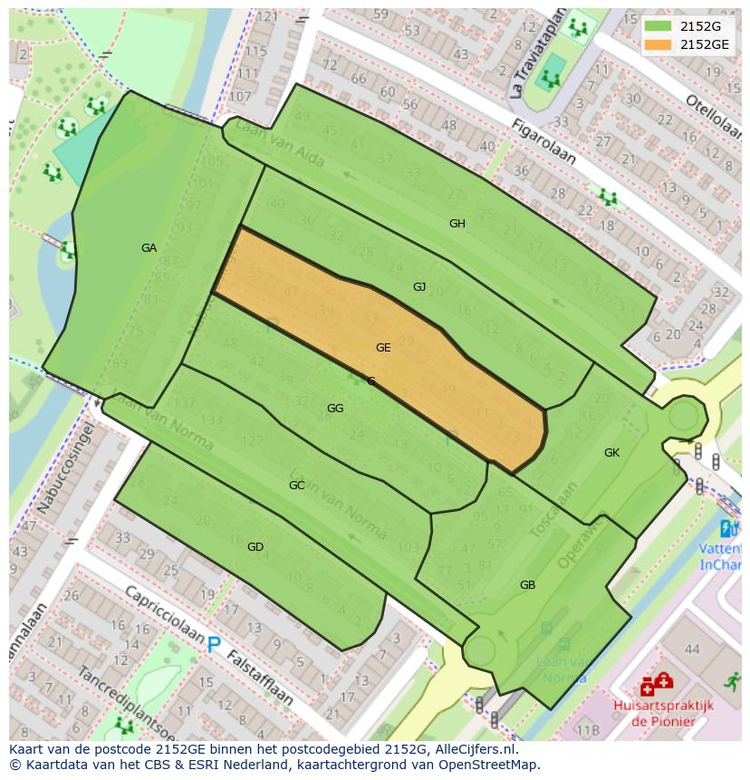 Afbeelding van het postcodegebied 2152 GE op de kaart.