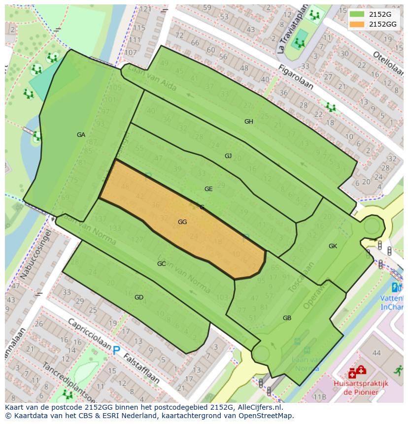 Afbeelding van het postcodegebied 2152 GG op de kaart.