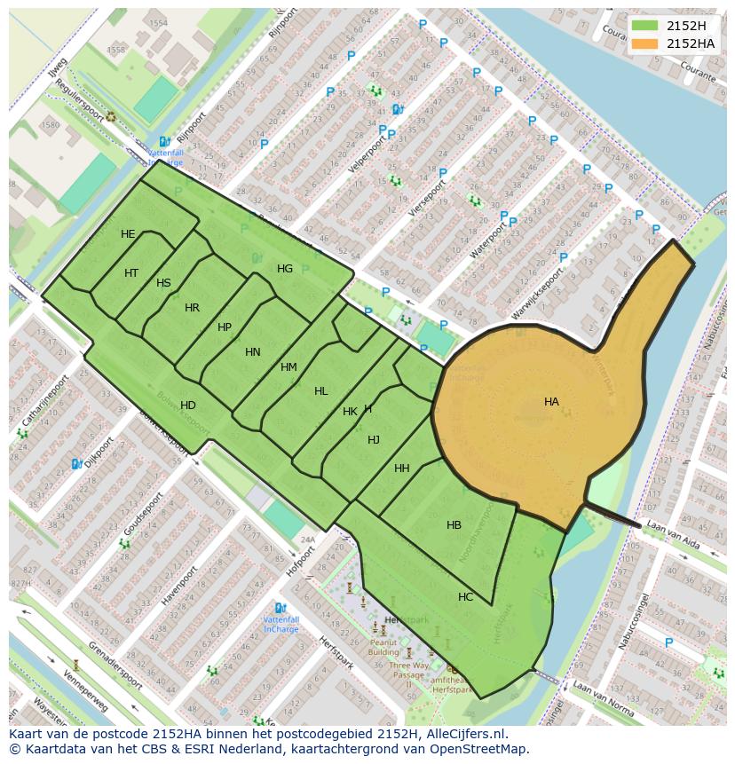 Afbeelding van het postcodegebied 2152 HA op de kaart.