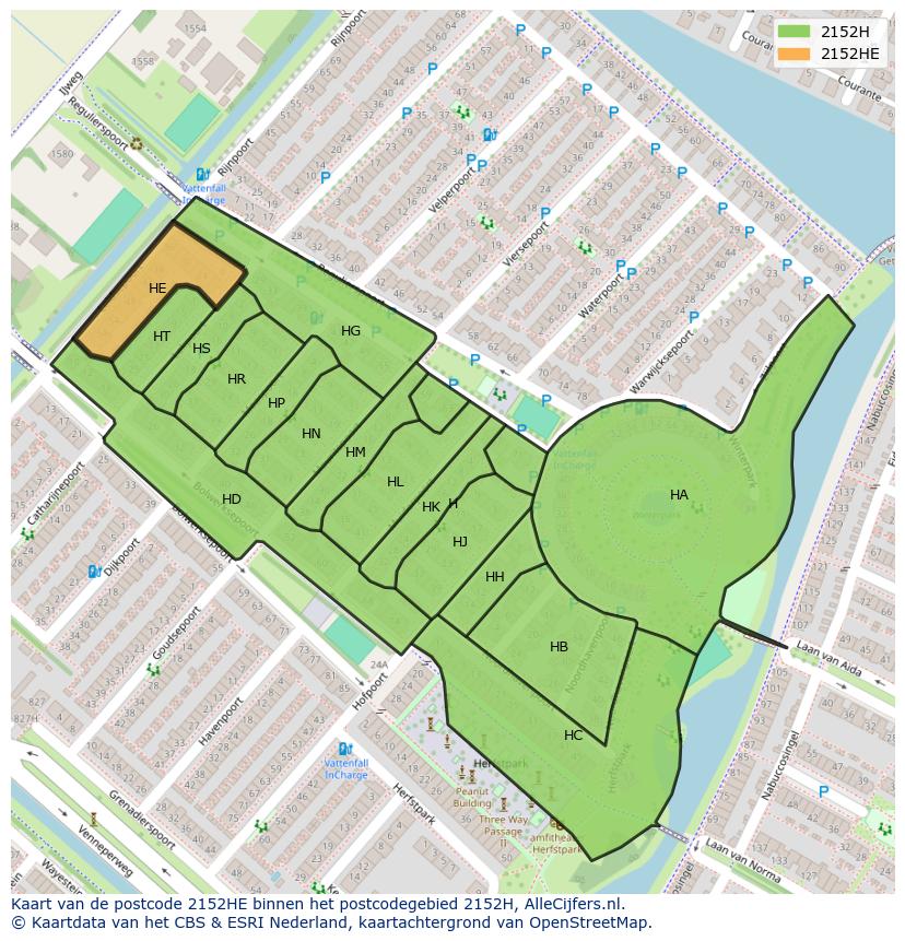 Afbeelding van het postcodegebied 2152 HE op de kaart.