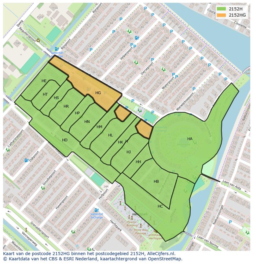 Afbeelding van het postcodegebied 2152 HG op de kaart.