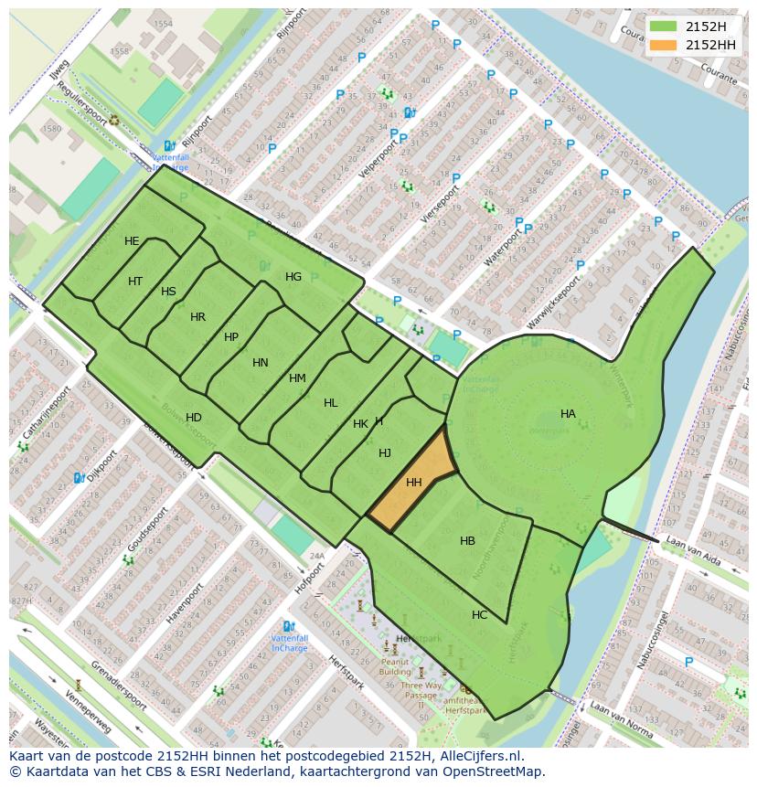 Afbeelding van het postcodegebied 2152 HH op de kaart.