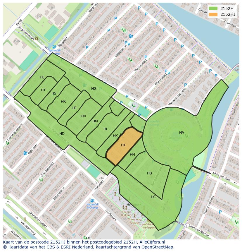 Afbeelding van het postcodegebied 2152 HJ op de kaart.