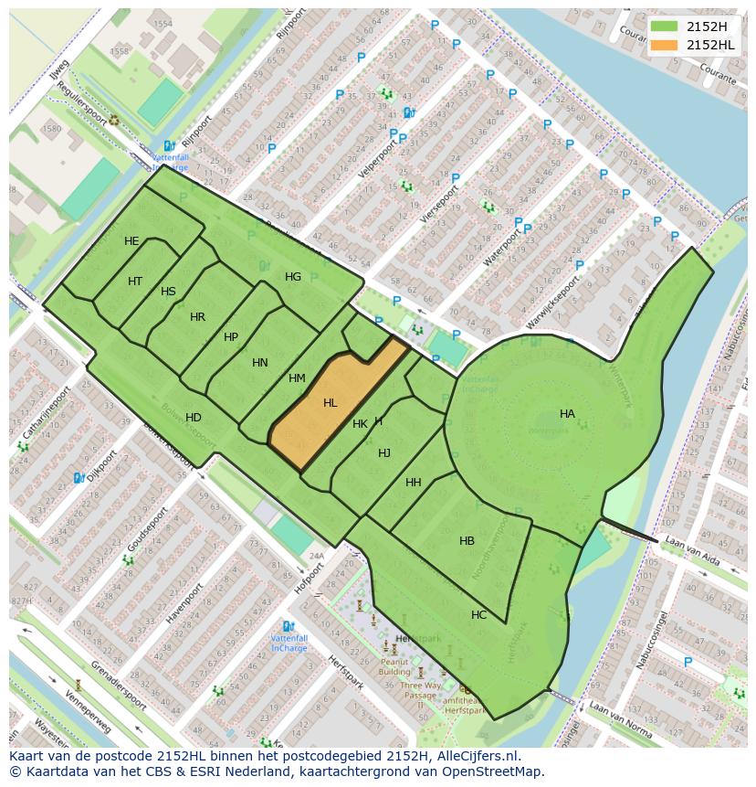 Afbeelding van het postcodegebied 2152 HL op de kaart.